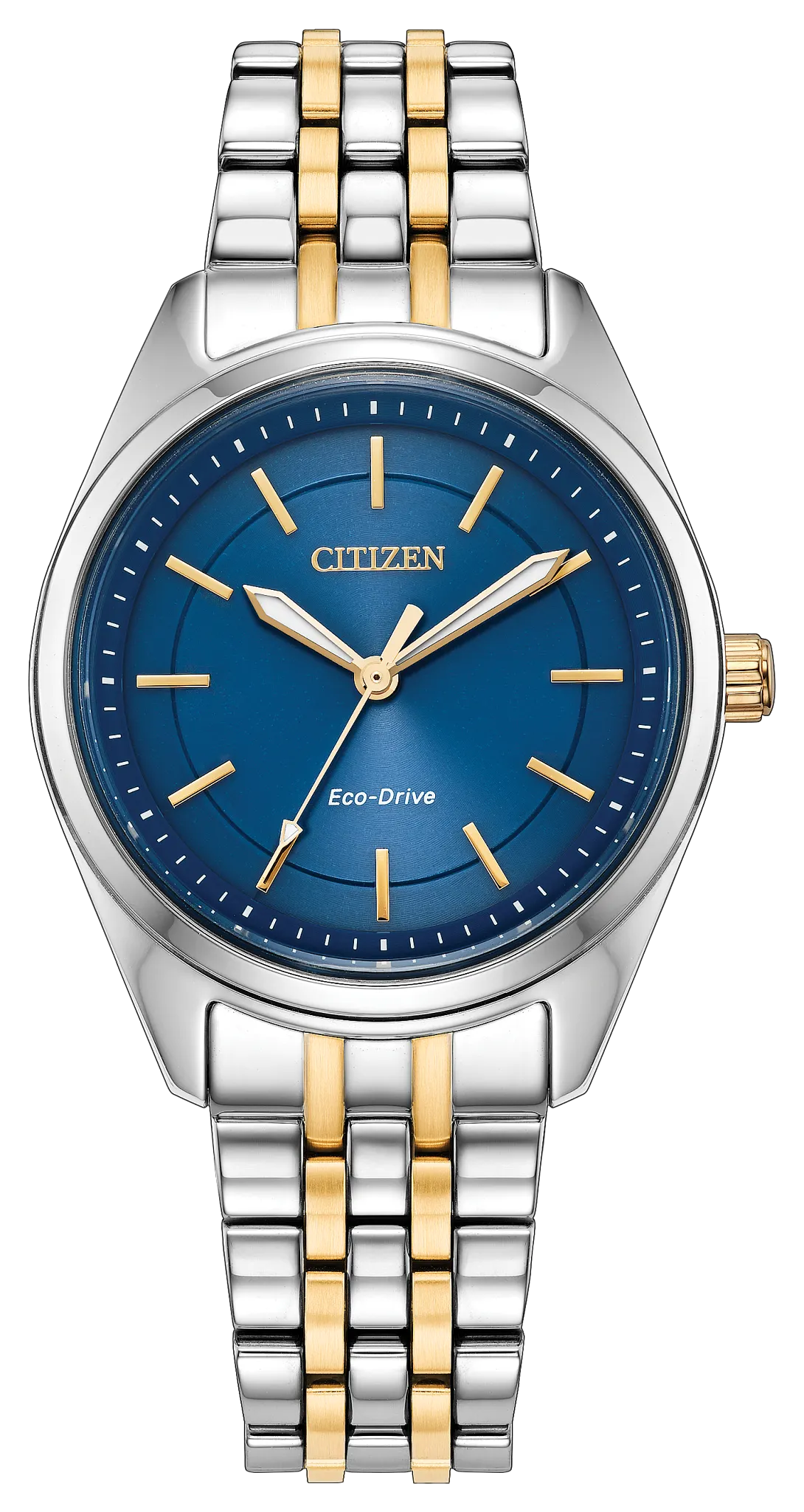 Citizen Ladies’ Peyten EM1234-53L watch featuring a blue dial, gold-tone hands and hour markers, and a two-tone silver and gold stainless steel link bracelet.