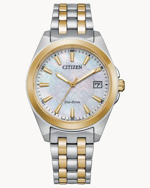The Citizen Watch - Peyten (E01224-54D) is a women’s stainless steel Eco-Drive timepiece with a silver and gold two-tone band, gold bezel, mother-of-pearl dial, gold hour markers/hands, and a date window at 3 o’clock.