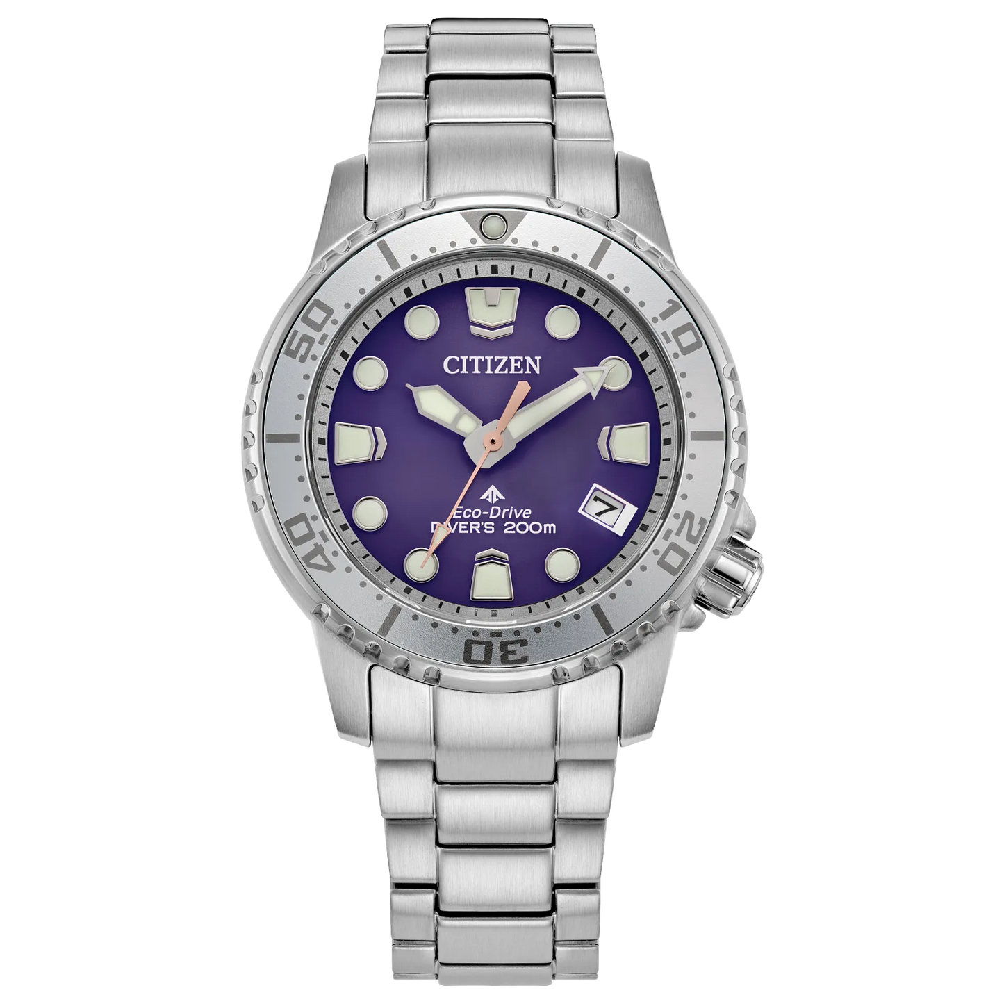 The Citizen Watch - Promaster Dive - EO2027-50X features a stainless steel case, purple dial, luminous markers, date at 4 o’clock, engraved silver bezel, ISO compliance, and 200m water resistance for reliable underwater performance.