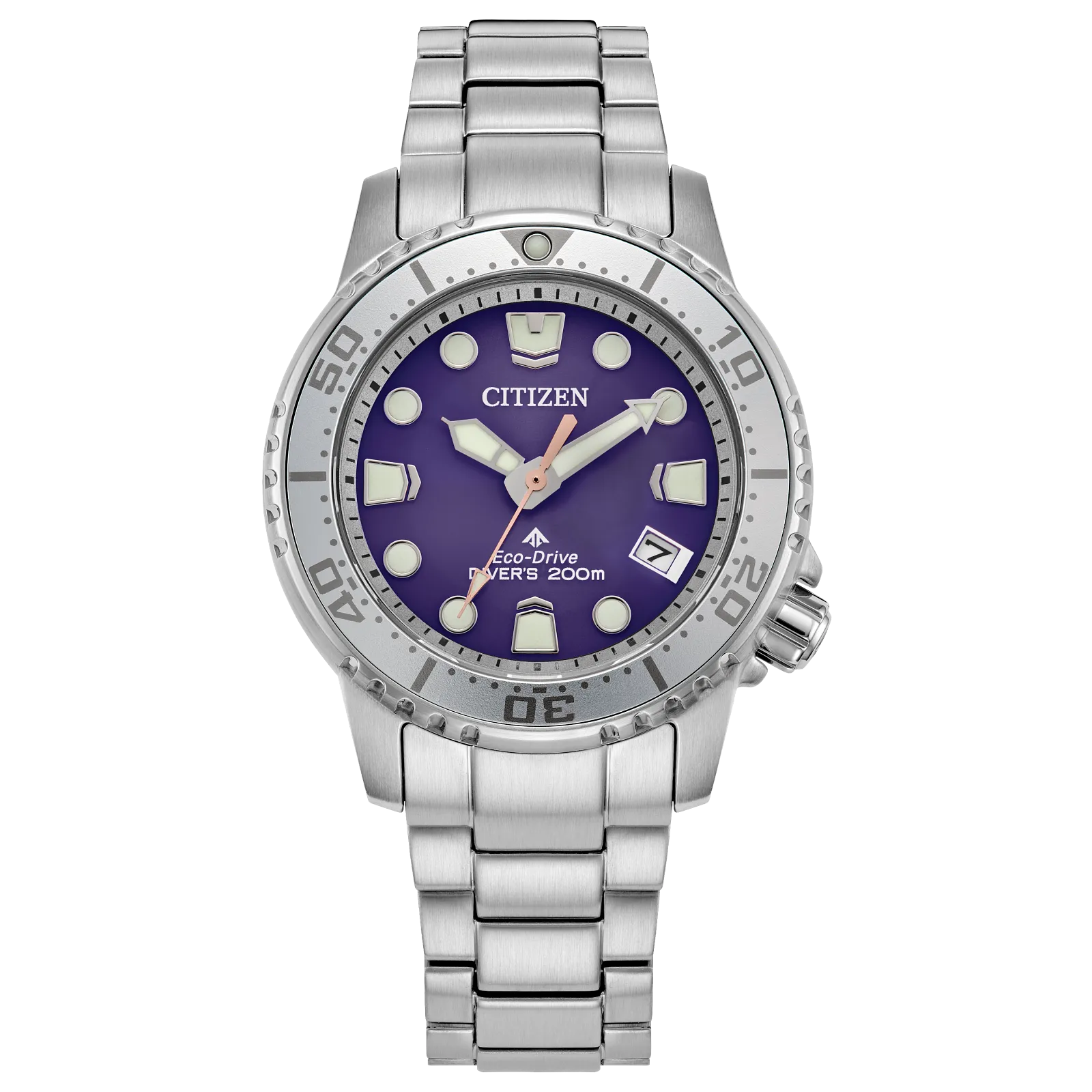 The Citizen Watch - Promaster Dive - EO2027-50X features a stainless steel case, purple dial, luminous markers, date at 4 o’clock, engraved silver bezel, ISO compliance, and 200m water resistance for reliable underwater performance.
