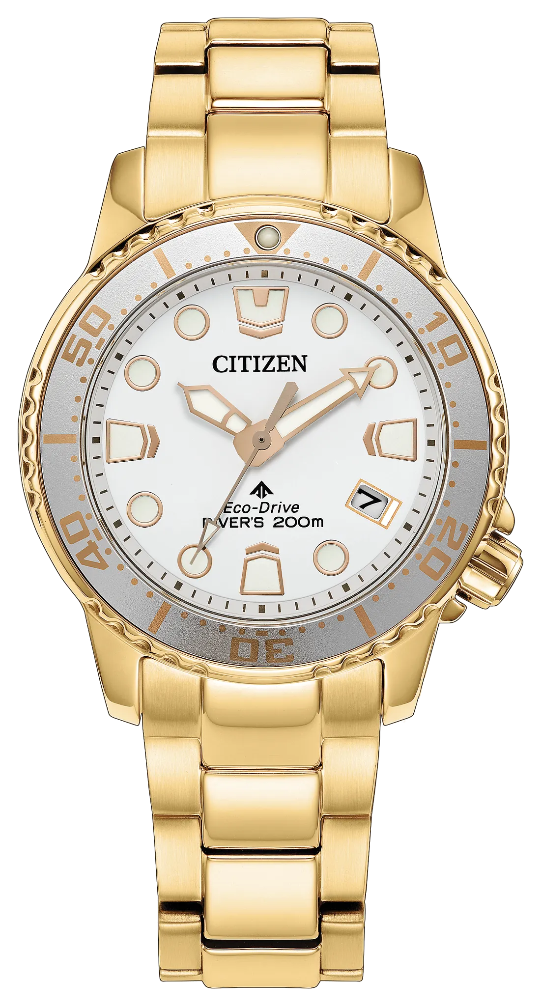 Citizen Watch - Ladies' Promaster Dive (EO2029-54A) by Citizen features a white and gold dial with luminous markers, date window, unidirectional bezel, and a gold-tone metal bracelet. Water-resistant up to 200 meters.
