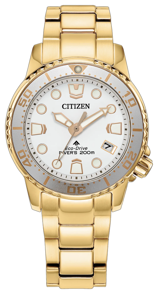 Citizen Watch - Ladies' Promaster Dive (EO2029-54A) by Citizen features a white and gold dial with luminous markers, date window, unidirectional bezel, and a gold-tone metal bracelet. Water-resistant up to 200 meters.