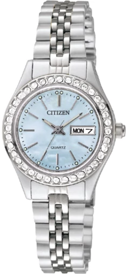 The Citizen Watch - Ladies Quartz (EQ0530-51N) features a silver-tone band with interlocking links, blue dial, crystal-accented bezel, silver hour markers, three hands, and day-date display for a classic style.