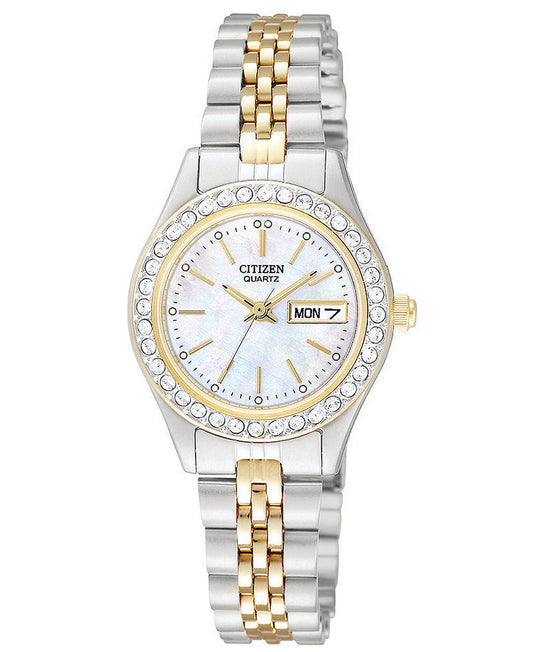 The Citizen EQ0534-50D is a quartz watch with a silver and gold link band, round crystal-accented face, gold markers and hands, mother of pearl dial, water resistance, and day/date display.