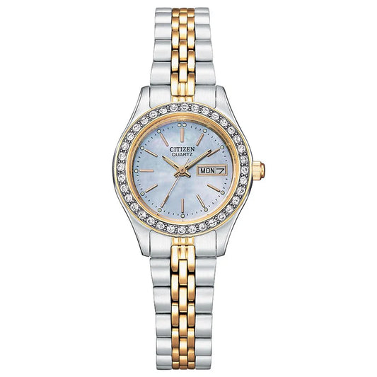 The Citizen Watch - Quartz - EQ0539-56Y by Citizen features a silver and gold two-tone band, round blue dial, gold hour markers, crystal bezel, and a day-date display at 3 o’clock.