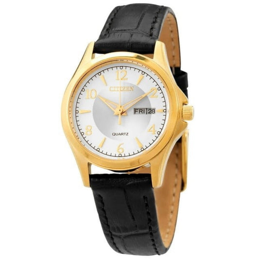 A Citizen ladies' quartz watch with a gold-tone stainless steel case, a black leather strap, and a silver dial with day and date display.