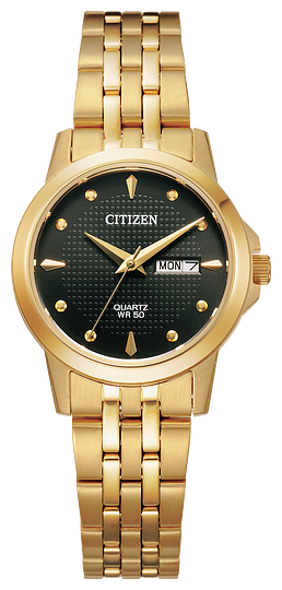 The Citizen Watch - Ladies Quartz EQ0603-59F features a gold-tone stainless steel case, black textured dial with gold markers, day-date display, "Quartz WR 50" above 6 o'clock, and a classic metal link band. Brand: Citizen.