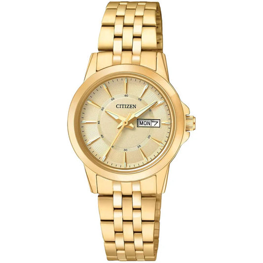 The Citizen Watch - Quartz - EQ0603-59P is a women’s gold watch featuring a round champagne dial, gold hour markers, date and day display at 3 o’clock, and a matching gold metal link band.