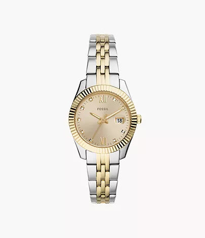 The Fossil Ladies' Scarlette Mini ES4949 features a gold stainless steel two-tone band, gold bezel, champagne dial with Roman numerals and dot markers, and a date window at 3 o’clock.