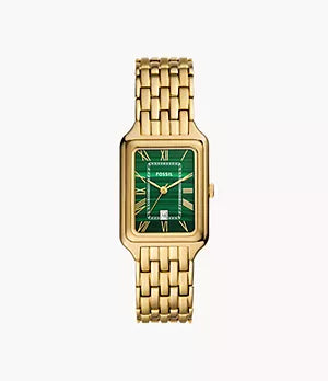 The Fossil Watch - Raquel - ES5341 features a gold-tone bracelet, rectangular green malachite dial, gold Roman numerals, a date window at 6 o’clock, and the Fossil brand name.