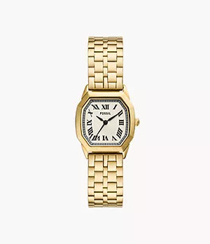 The Fossil Harlow ES5361 is a gold-tone stainless steel watch with a rectangular face, Roman numeral markers, and a linked band, shown elegantly against a white background.