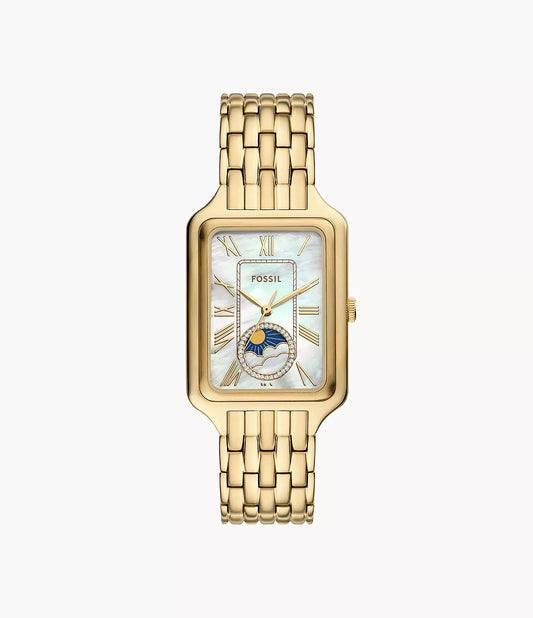 The Fossil Watch - Raquel Sun Moon (ES5398) features a gold-tone stainless steel case, rectangular face, Roman numeral markers, a mother-of-pearl dial with moonphase subdial, and an elegant gold metal link bracelet.