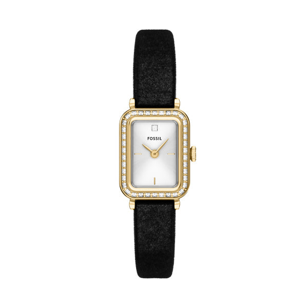 The Fossil Watch - Raquel - ES5437 by Fossil is a rectangular gold stainless steel watch with a white face, minimalist gold markers, jeweled bezel, and black suede strap, shown on a white background.
