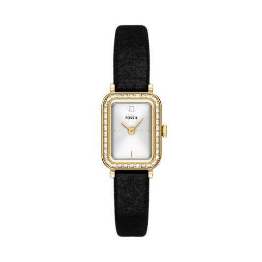The Fossil Watch - Raquel - ES5437 by Fossil is a rectangular gold stainless steel watch with a white face, minimalist gold markers, jeweled bezel, and black suede strap, shown on a white background.