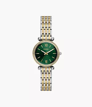 The Fossil Carlie Mini ES5439 is a women’s two-tone watch featuring a round green sunray dial, gold markers, crystal-accented bezel, and a silver/gold stainless steel bracelet. The time displayed is 10:10.