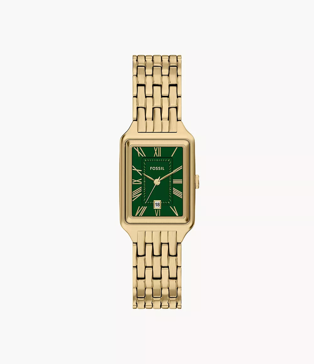 The Fossil Watch - Raquel - ES5452 by Fossil features a rectangular green dial with gold Roman numerals and a gold-tone stainless steel linked band, shown against a plain white background.