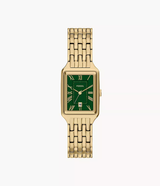 The Fossil Watch - Raquel - ES5452 by Fossil features a rectangular green dial with gold Roman numerals and a gold-tone stainless steel linked band, shown against a plain white background.