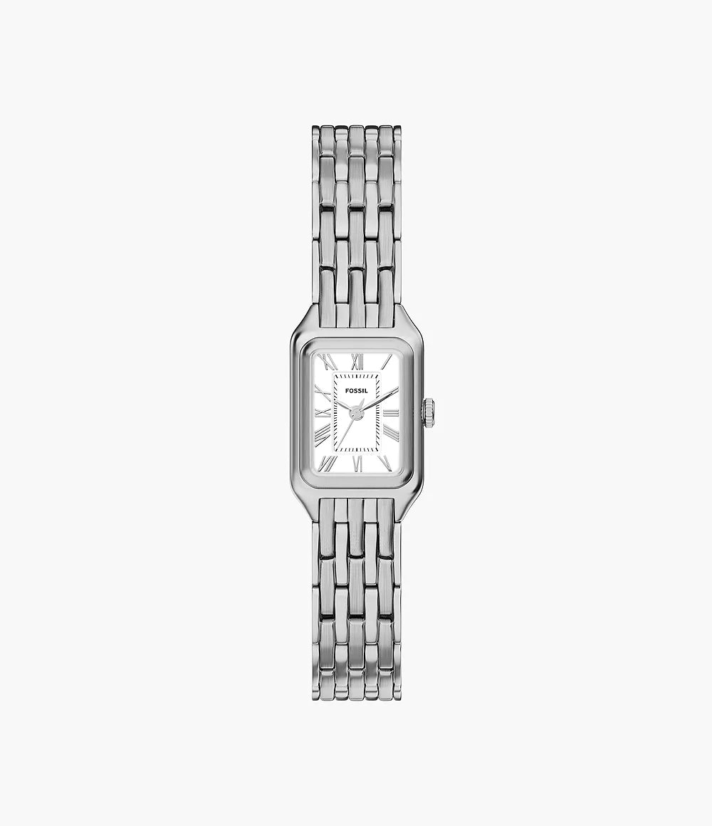 The Fossil Raquel Mini ES5469 is a silver stainless steel watch with a rectangular face, Roman numerals, and a linked metal band, shown on a plain white background.