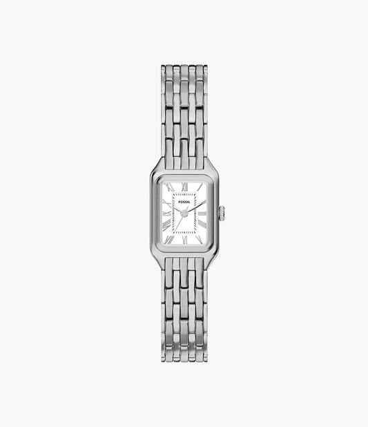 The Fossil Raquel Mini ES5469 is a silver stainless steel watch with a rectangular face, Roman numerals, and a linked metal band, shown on a plain white background.