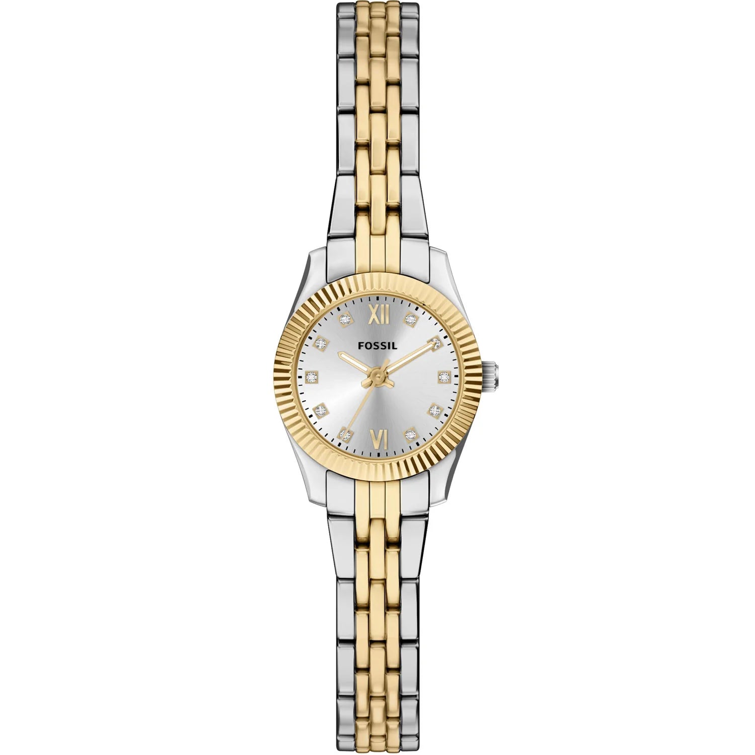The Fossil Scarlette Mini ES5473 is a women’s watch with a two-tone metal bracelet, round silver dial, gold Roman numerals, crystal hour markers, and a gold-tone ridged bezel for added elegance.