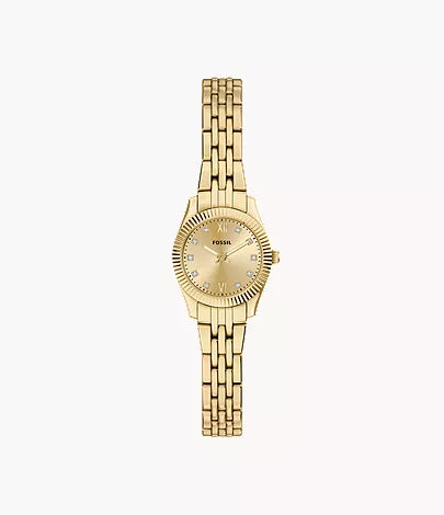 The Fossil Watch - Scarlette Mini - ES5474 features a gold-tone stainless steel case, Roman numeral round dial, and slim linked bracelet, displayed on a plain white background.