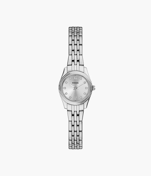 The Fossil Scarlette Mini ES5475 is a silver-tone stainless steel watch with a metal link band, round face, minimalist design, quartz movement, Roman numeral and crystal hour markers on a plain background.
