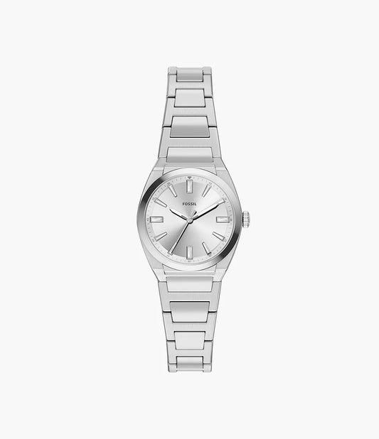 The Fossil Everett Watch (ES5490) features a silver-tone metal link band, a minimalist silver dial, and coordinating silver hour markers, displayed against a plain white background.