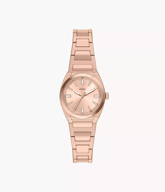 The Fossil Watch - Everett - ES5491 by Fossil features a rose gold-tone finish, a round face with a minimalist design, silver hour markers and hands, and a sleek stainless steel bracelet, displayed against a plain white background.