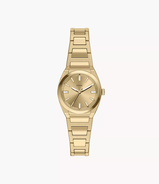 The Fossil Watch - Ladies’ Everett (ES5492) showcases a gold-tone stainless steel bracelet with metal links, a minimalist gold dial, and sleek silver hour markers, all from the renowned brand Fossil and presented on a plain white background.