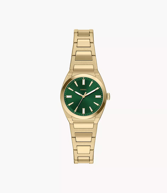 Displayed against a plain white background, the Fossil Ladies’ Everett Watch (ES5493) features a gold metal linked bracelet band and gold hour markers accenting its striking green sunray dial. This sophisticated timepiece by Fossil perfectly blends classic elegance with contemporary style.