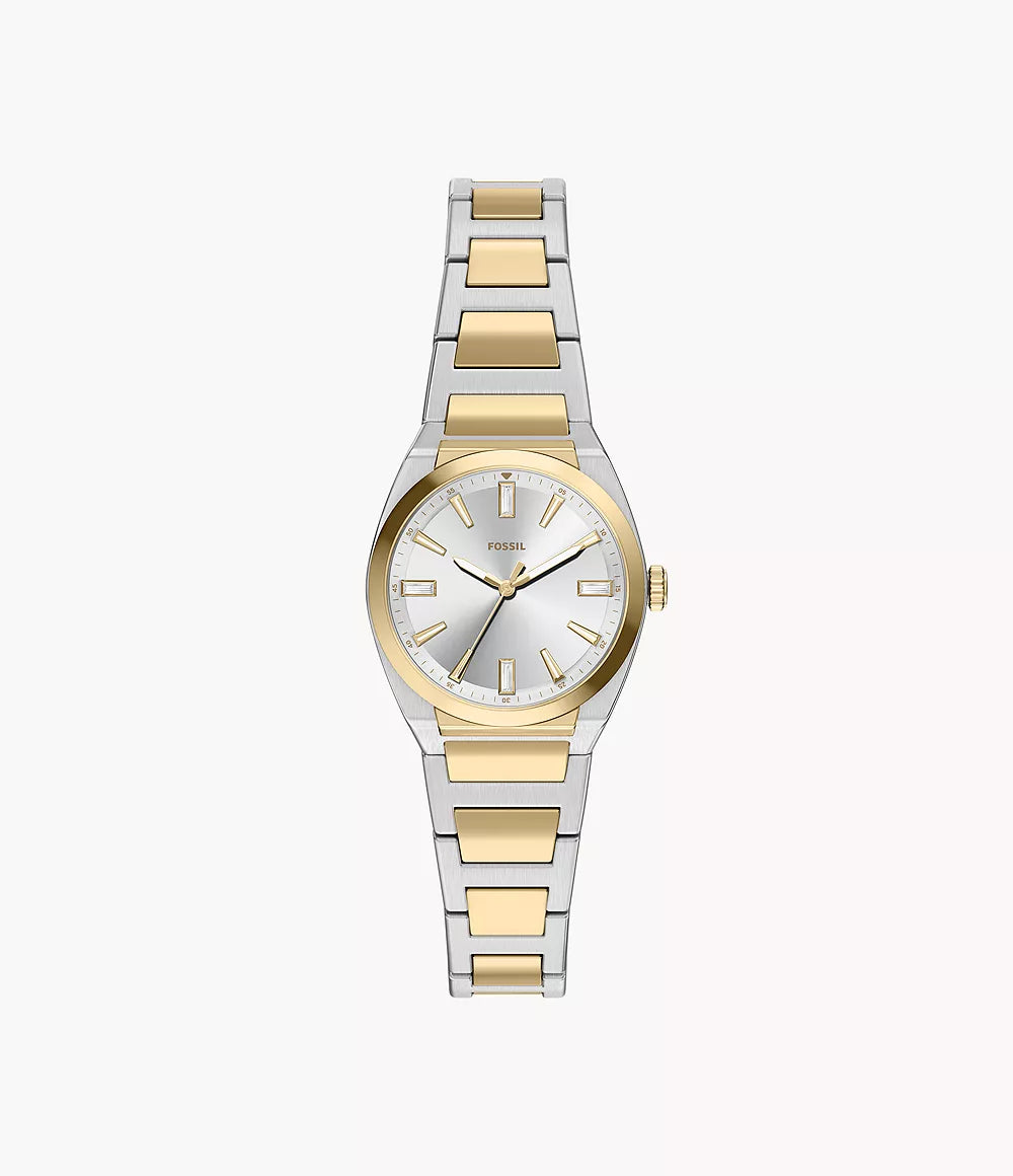 Introducing the Fossil Watch - Ladies’ Everett (ES5494): this stylish two-tone timepiece features a silver and gold stainless steel band, complemented by a round silver face with gold hour markers and three hands, all elegantly set against a white background.