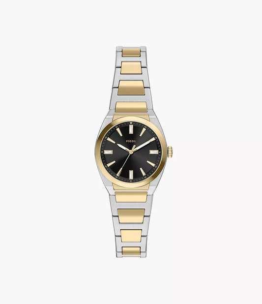 The Fossil Ladies’ Everett Watch (ES5495) features a two-tone stainless steel design with a striking black sunray dial, gold hour markers, and a gold-and-silver linked band, shown against a plain white background.