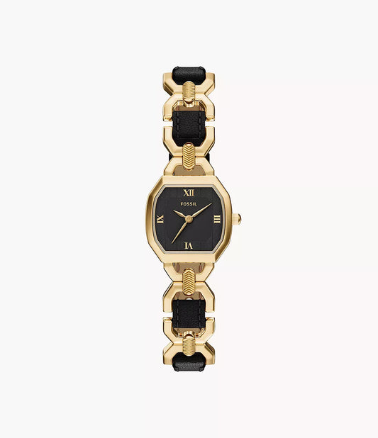 The Fossil Harlow ES5496, a women’s watch from Fossil, showcases a striking square black face with Roman numerals and a linked strap featuring gold and black leather accents, all elegantly presented on a plain white background.