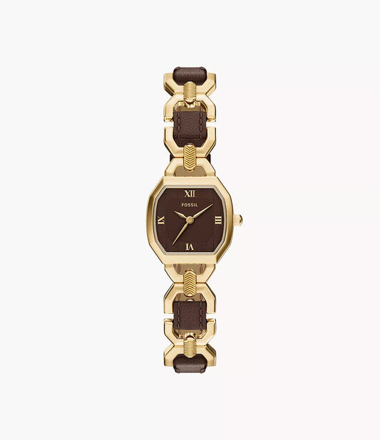 A Fossil Watch - Harlow - ES5497 by Fossil, featuring a rectangular gold and brown face with Roman numerals and a distinctive gold and brown leather linked band, is displayed on a plain white background.