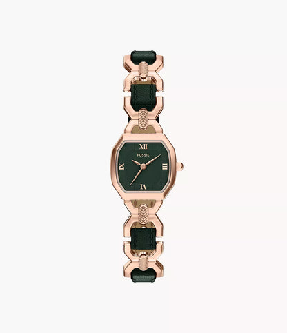 A Fossil Watch - Harlow - ES5498 with a rose gold-tone rectangular face, Roman numerals, and a distinctive metal and dark green leather-link band by Fossil, shown on a plain white background.