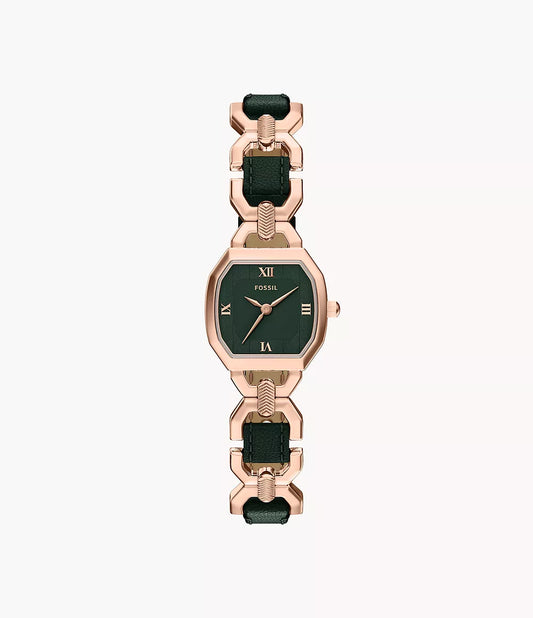 A Fossil Watch - Harlow - ES5498 with a rose gold-tone rectangular face, Roman numerals, and a distinctive metal and dark green leather-link band by Fossil, shown on a plain white background.