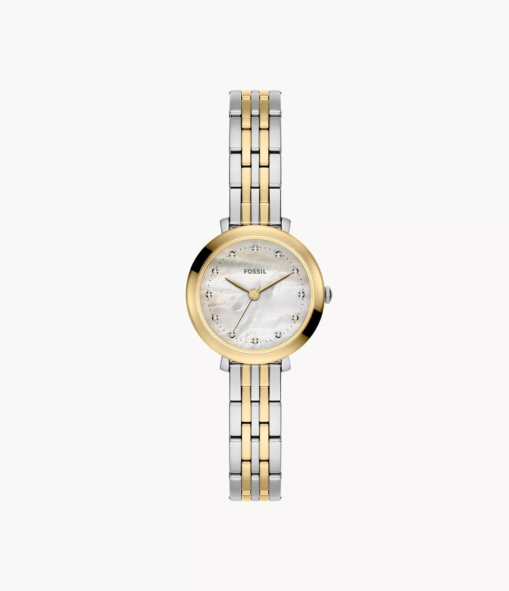Introducing the Fossil Watch - Heidi - ES5500 by Fossil: this elegant women’s watch features a two-tone silver and gold stainless steel band, a round gold bezel, and a white mother-of-pearl dial accented with gold hour and minute hands along with sparkling crystal hour markers—making it the perfect accessory for any occasion.