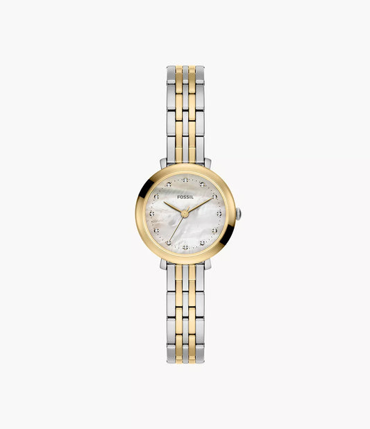 Introducing the Fossil Watch - Heidi - ES5500 by Fossil: this elegant women’s watch features a two-tone silver and gold stainless steel band, a round gold bezel, and a white mother-of-pearl dial accented with gold hour and minute hands along with sparkling crystal hour markers—making it the perfect accessory for any occasion.
