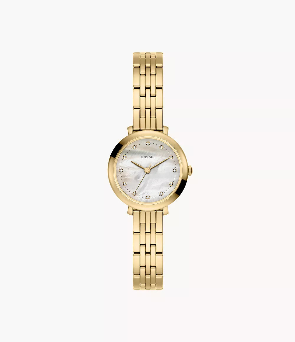 The Fossil Watch - Heidi - ES5501 features a gold-tone stainless steel case, a white mother-of-pearl dial with elegant gold hour markers, and a linked gold bracelet band, showcased against a plain white background.