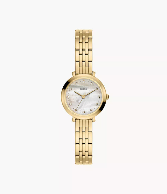 The Fossil Watch - Heidi - ES5501 features a gold-tone stainless steel case, a white mother-of-pearl dial with elegant gold hour markers, and a linked gold bracelet band, showcased against a plain white background.