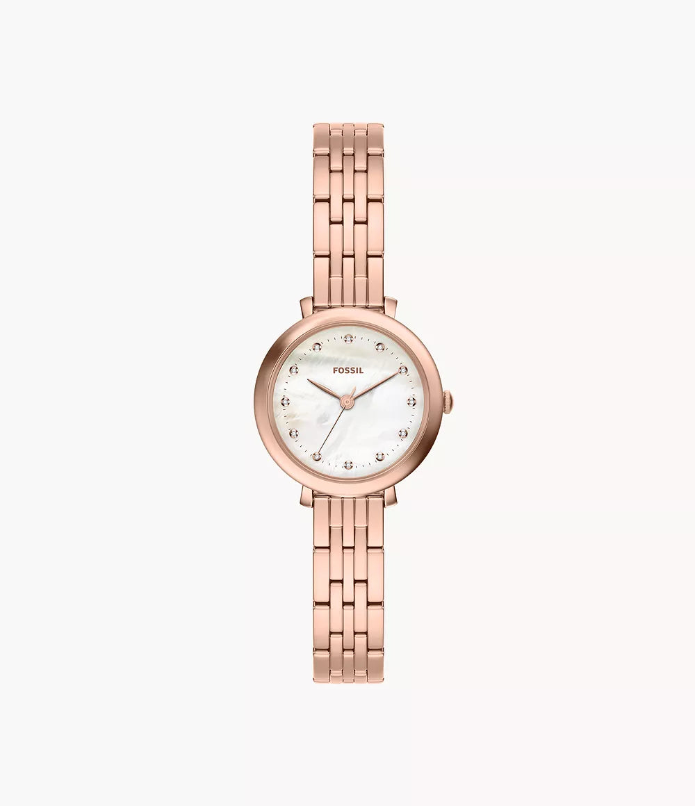The Fossil Watch - Heidi - ES5502 by Fossil features a round white mother-of-pearl dial, a delicate stainless steel bracelet in a rose gold-tone finish, and a minimalist design, showcased against a plain white background.