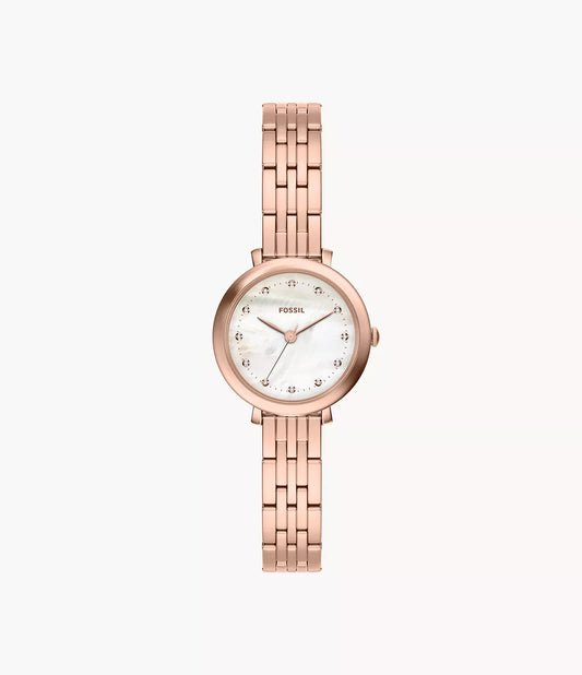 The Fossil Watch - Heidi - ES5502 by Fossil features a round white mother-of-pearl dial, a delicate stainless steel bracelet in a rose gold-tone finish, and a minimalist design, showcased against a plain white background.