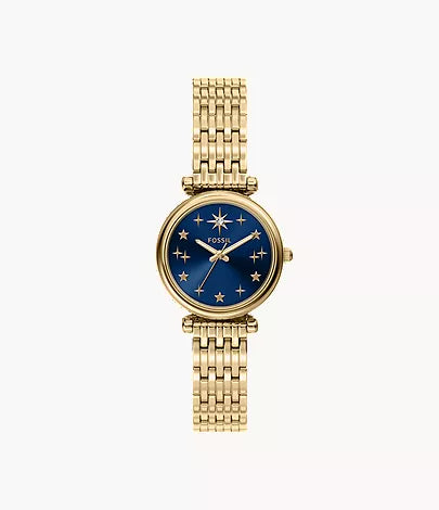 Fossil Watch - Carlie - ES5521 featuring a gold-tone stainless steel design, round deep blue dial with star and sparkle markers, and a linked metal bracelet.