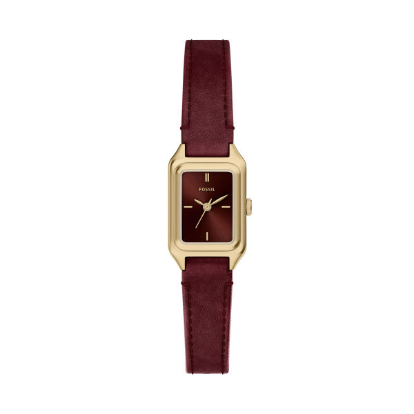 Fossil Watch - Raquel - ES5530 in gold-tone stainless steel with a rectangular case, a maroon dial, and a matching maroon leather strap.