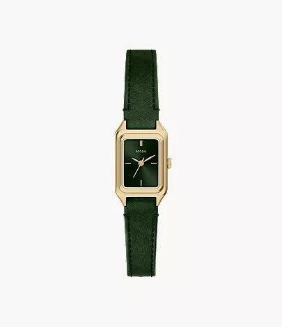 Fossil Watch - Raquel - ES5531 featuring a gold-tone stainless steel rectangular case, a dark green dial, and a matching green leather strap.