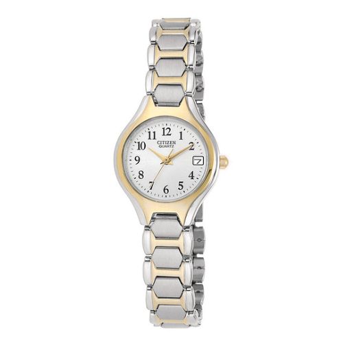 A Citizen ladies' quartz watch with a two-tone stainless steel bracelet, palladium and yellow plating, and a white dial with yellow-tone hands.