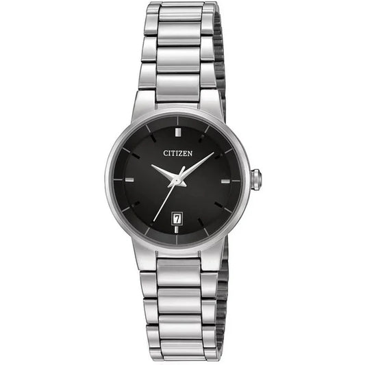 The Citizen Watch - Quartz - EU6010-53E is a women's silver watch with a black round face, simple hour markers, three hands, date window at 6 o'clock, and a stainless steel link band by Citizen.