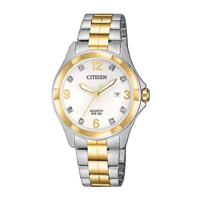The Citizen Quartz Watch - Ladies Quartz - EU6084-57A features a two-tone stainless steel band, round white dial, gold-tone markers and hands, date display at 3 o’clock, and precise quartz movement.
