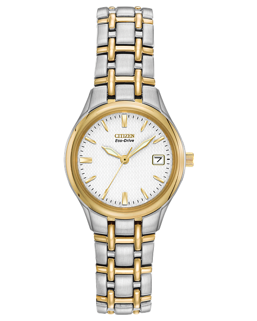 The Citizen Watch - Ladies Corso Eco-Drive (EW1264-50A) features a two-tone gold and silver stainless steel band, white textured dial, gold markers and hands, and a date window at 3 o’clock—an elegant ladies' watch from Citizen.