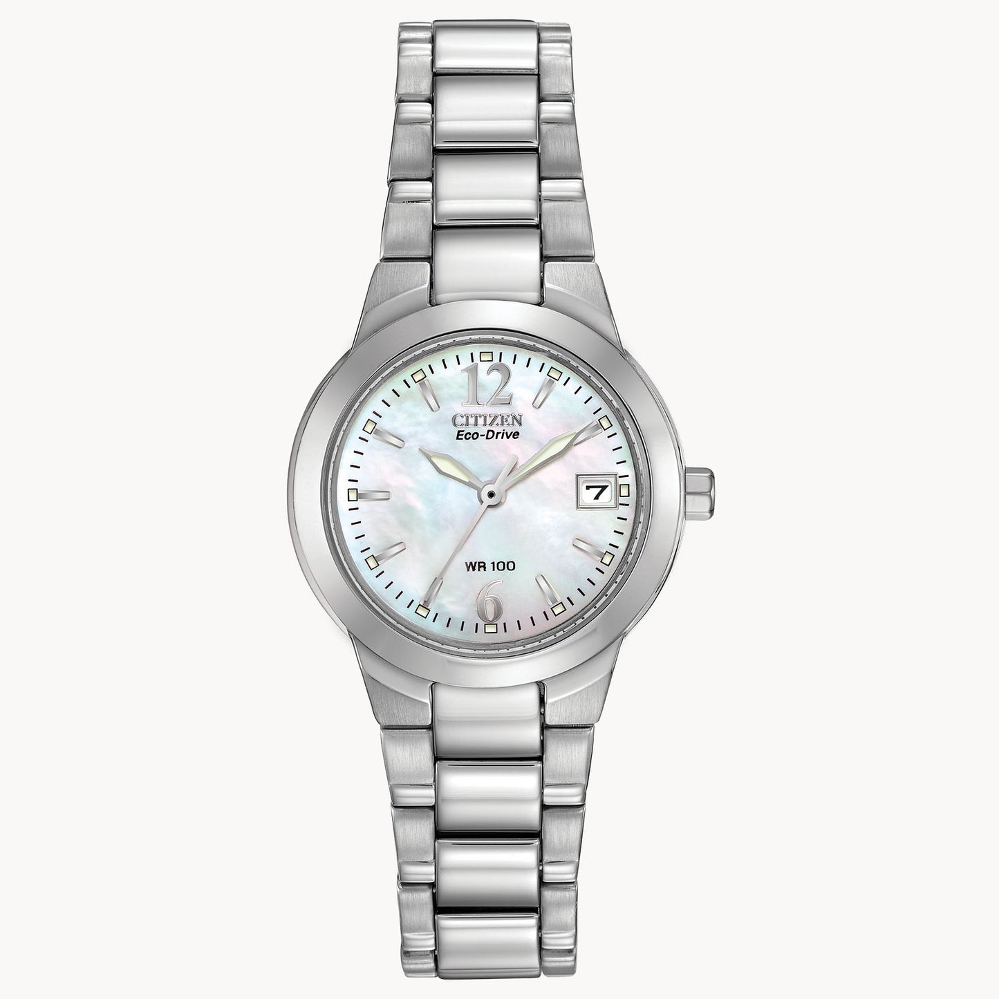 The Citizen Chandler EW1670-59D ladies' sport watch features a stainless steel case, mother-of-pearl dial, silver markers, date at 3 o’clock, WR 100, and a sleek metal link bracelet.